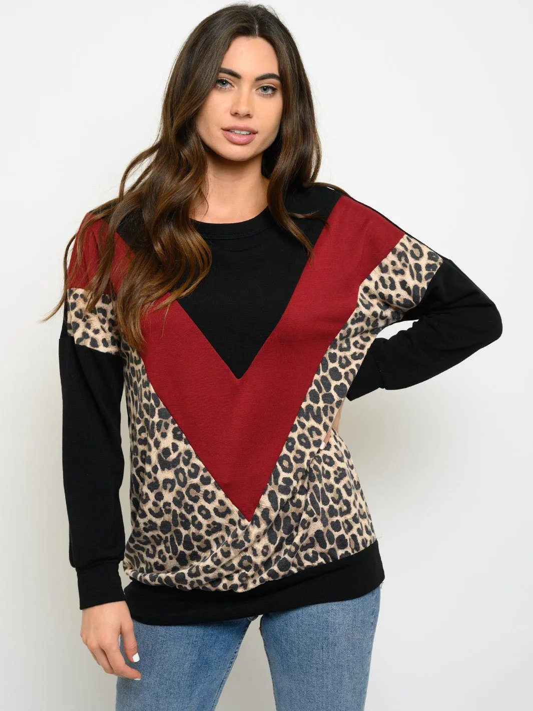 WOMEN'S LONG SLEEVE CONTRAST PRINT TOP