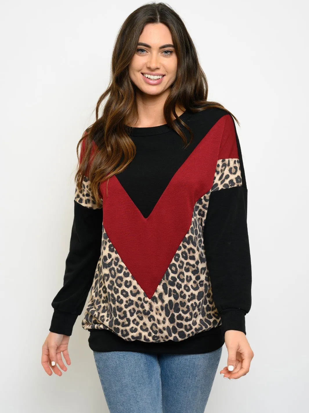 WOMEN'S LONG SLEEVE CONTRAST PRINT TOP