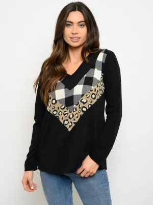 WOMEN'S LONG SLEEVE CONTRAST V-NECK TOP