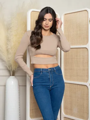 WOMEN'S LONG SLEEVE CUTOUT KNIT CROP TOP
