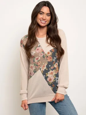 WOMEN'S LONG SLEEVE FLORAL CONTRAST TOP