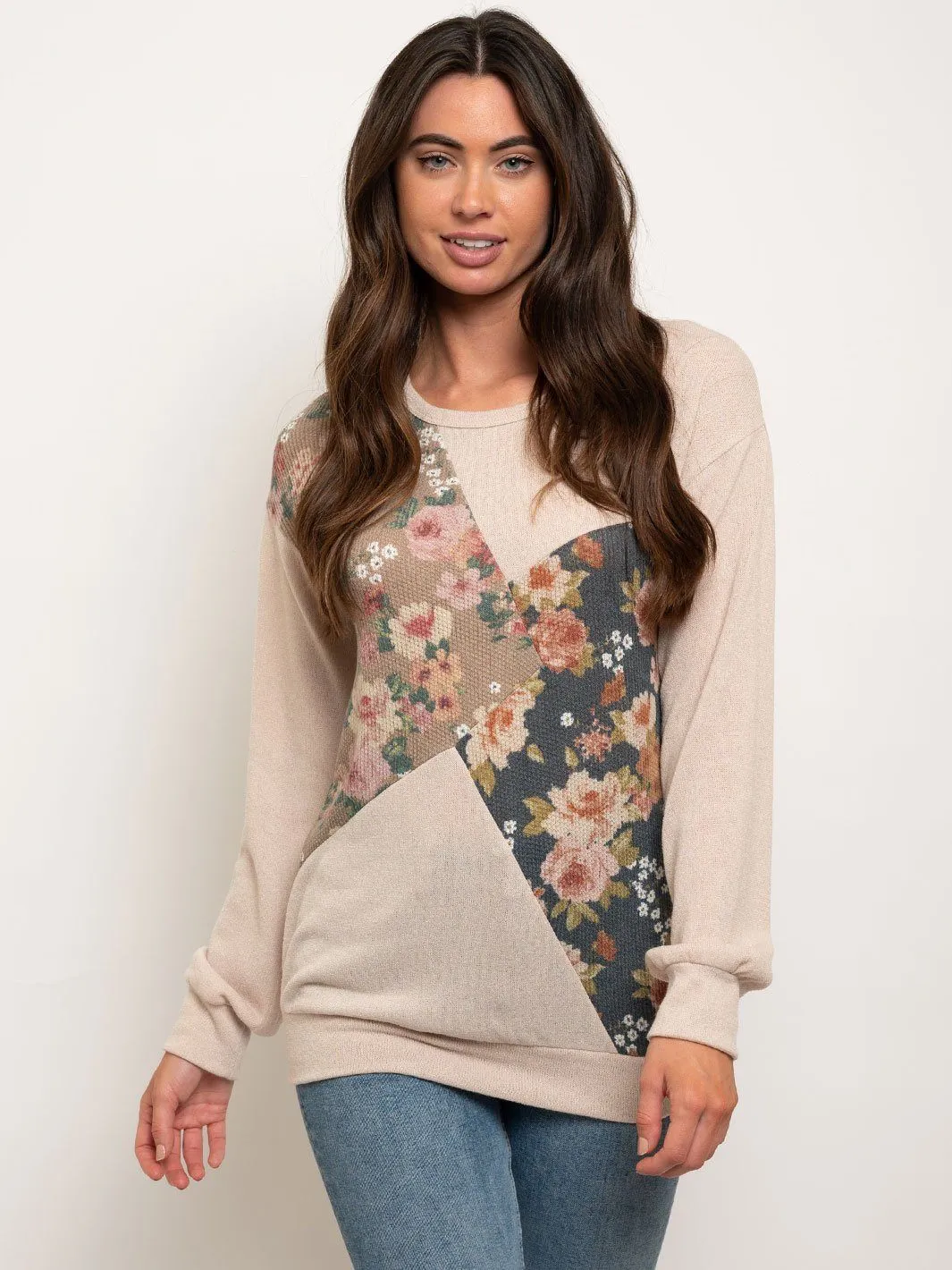 WOMEN'S LONG SLEEVE FLORAL CONTRAST TOP