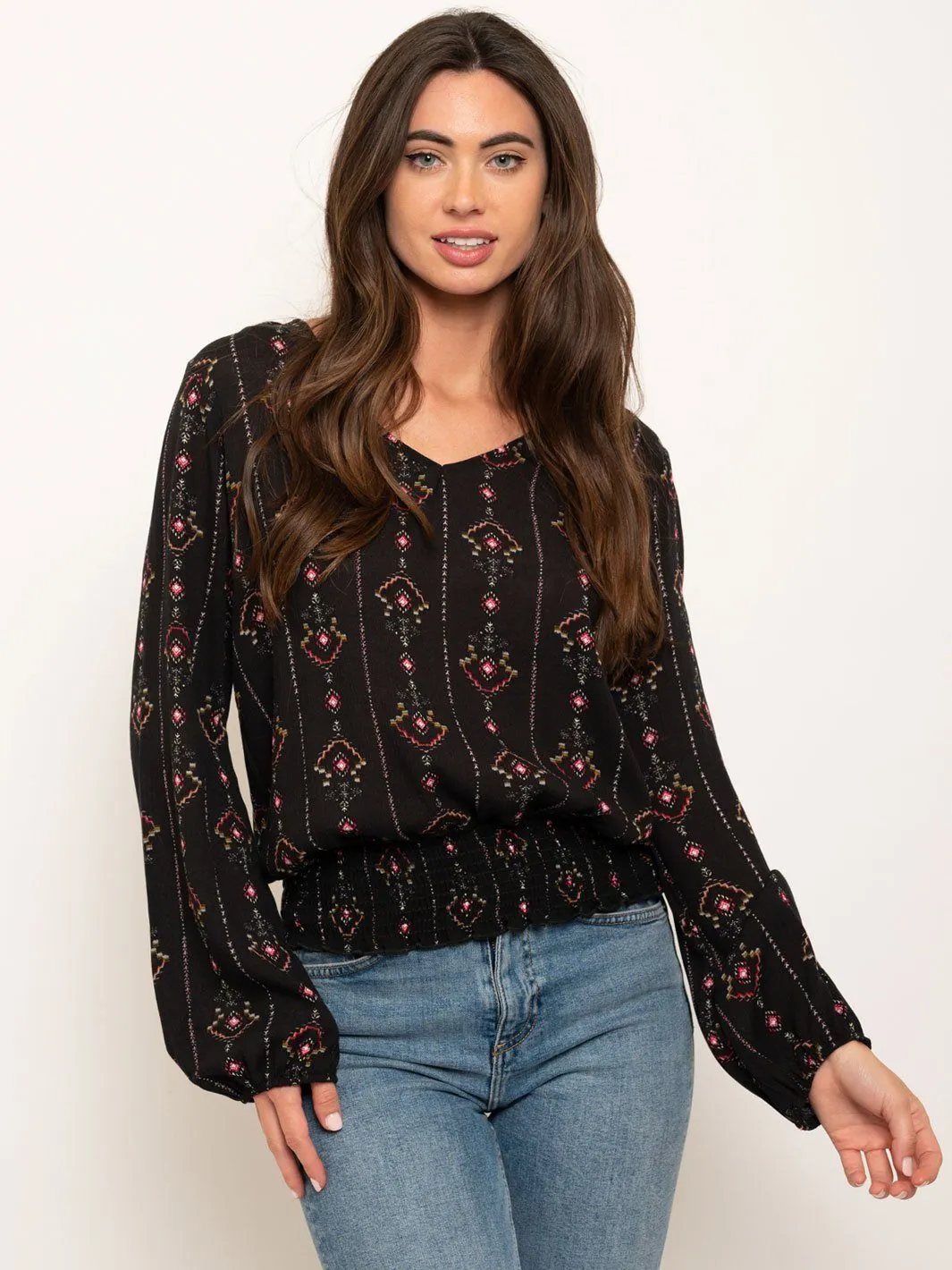 WOMEN'S LONG SLEEVE FLORAL RUCHED TRIM TOP