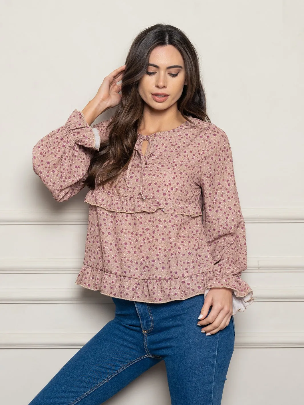 WOMEN'S LONG SLEEVE FLORAL WOVEN TOP