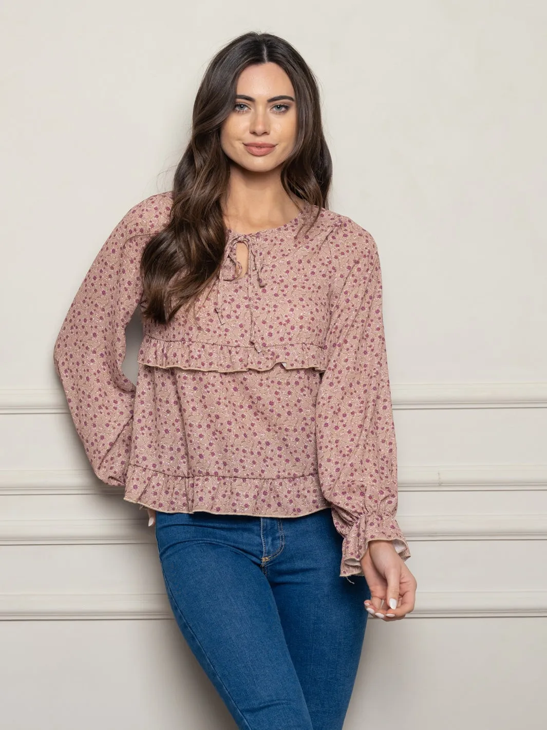 WOMEN'S LONG SLEEVE FLORAL WOVEN TOP