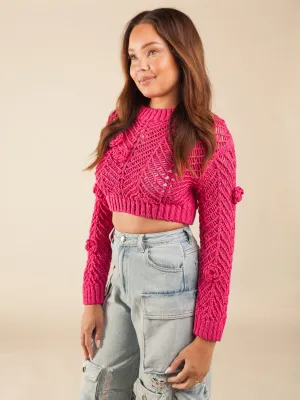 WOMEN'S LONG SLEEVE FLOWER DETAILED KNITTED CROP SWEATER
