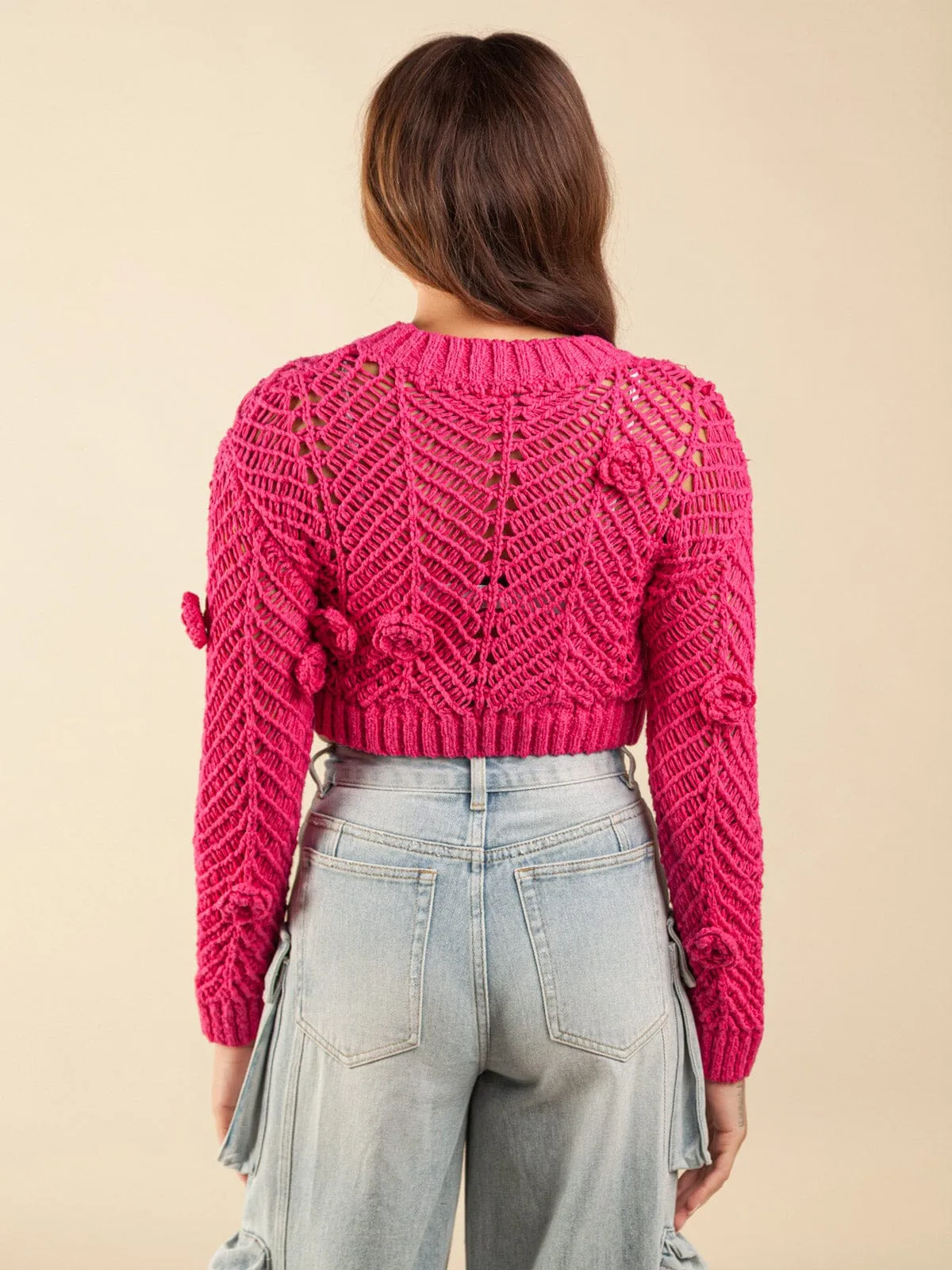 WOMEN'S LONG SLEEVE FLOWER DETAILED KNITTED CROP SWEATER