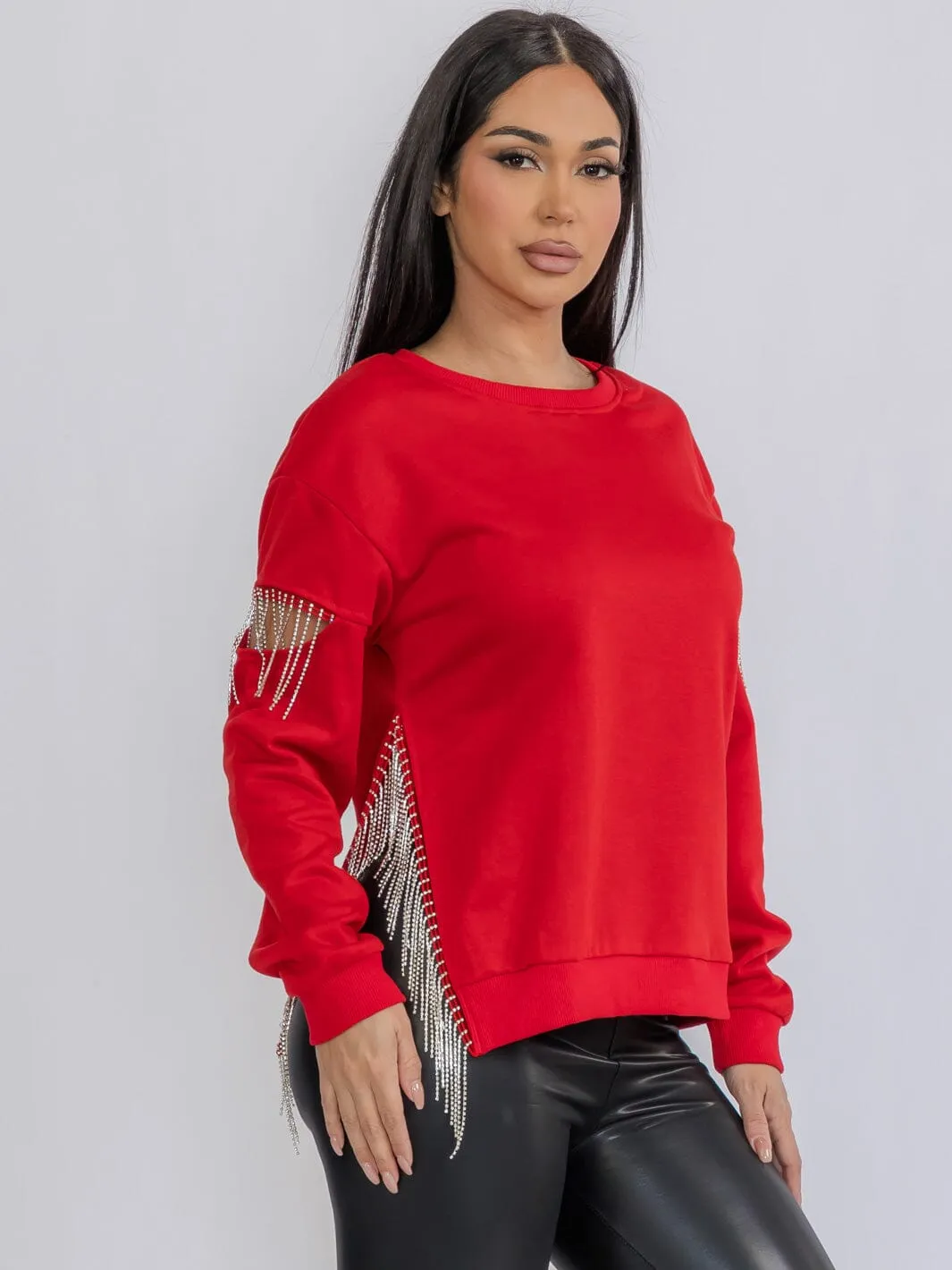 WOMEN'S LONG SLEEVE FRINGE DETAILED CUT OUT TOP
