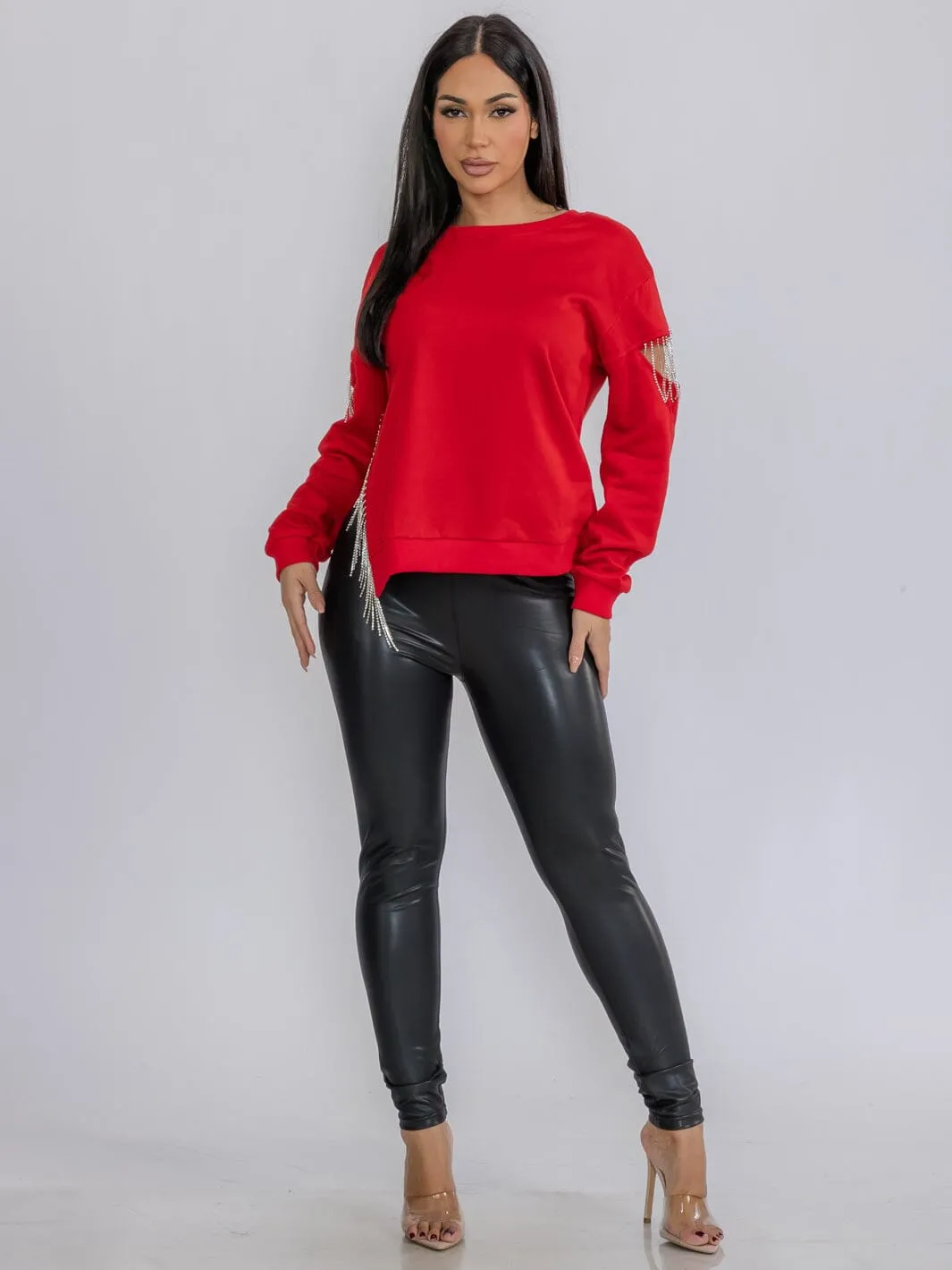 WOMEN'S LONG SLEEVE FRINGE DETAILED CUT OUT TOP