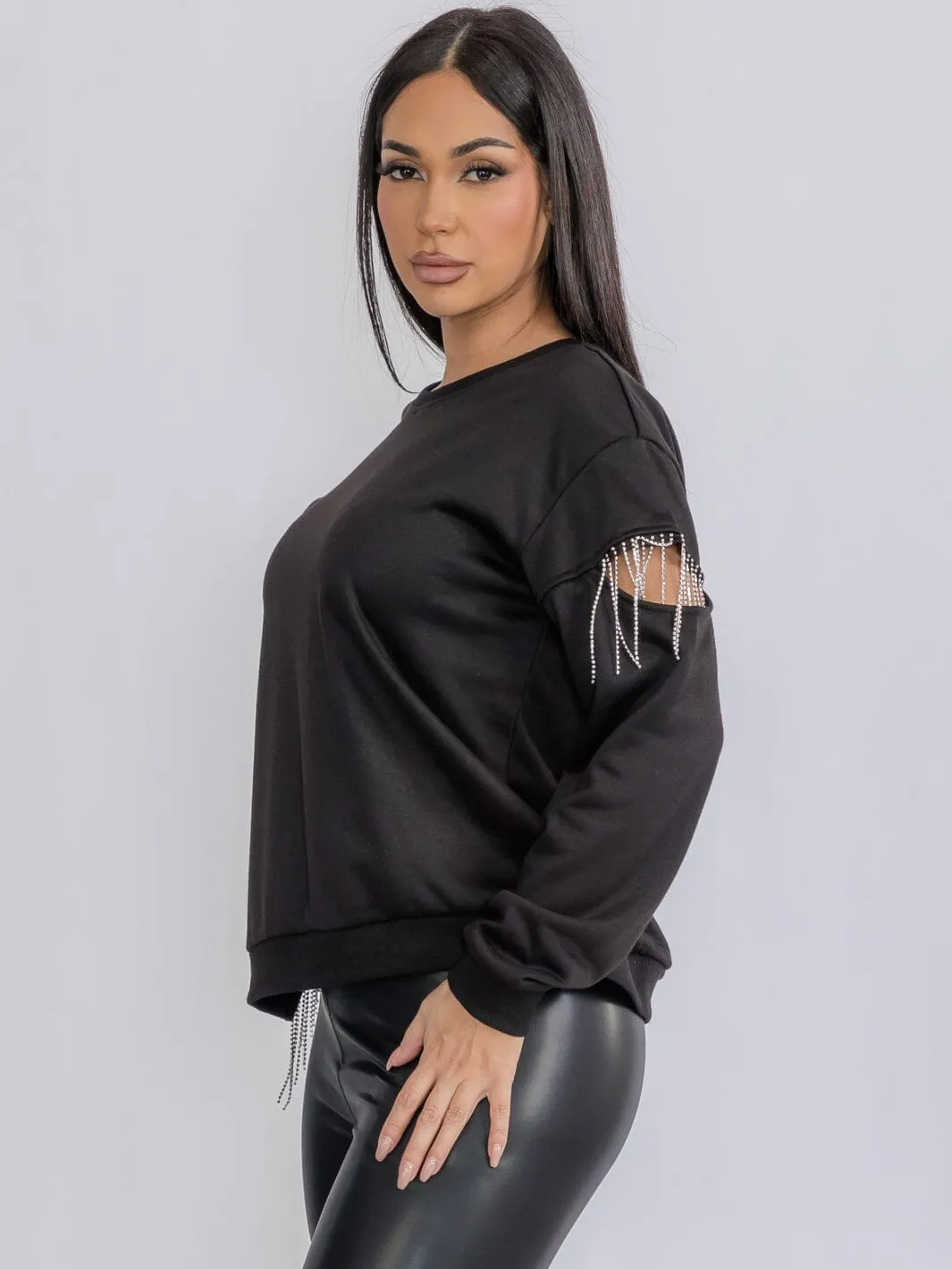 WOMEN'S LONG SLEEVE FRINGE DETAILED CUT OUT TOP