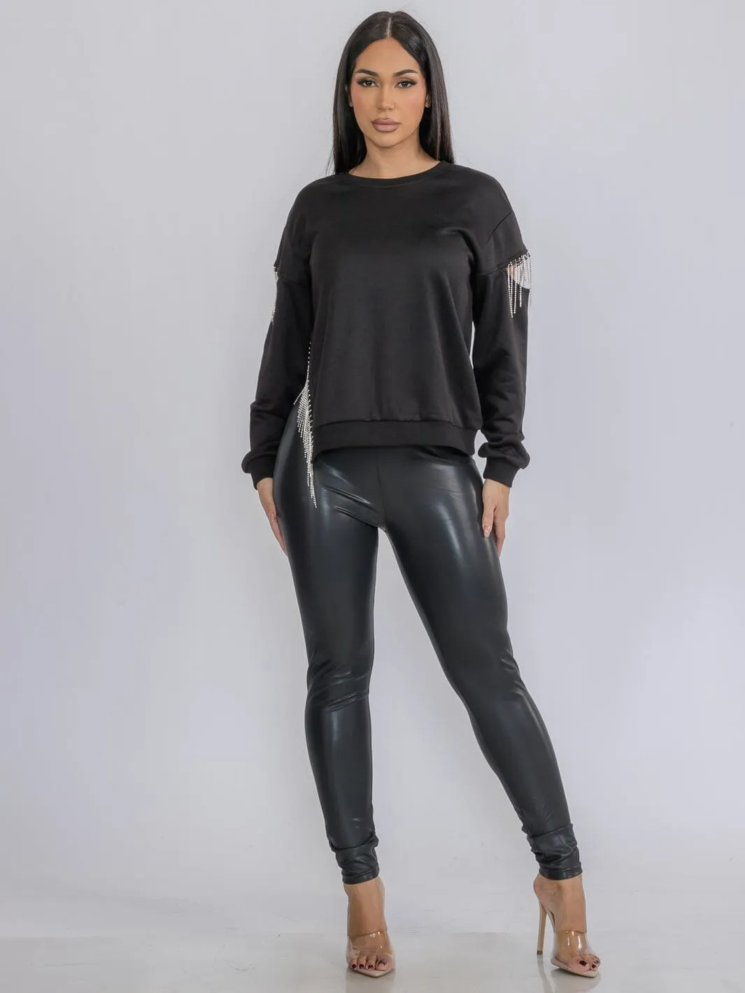 WOMEN'S LONG SLEEVE FRINGE DETAILED CUT OUT TOP