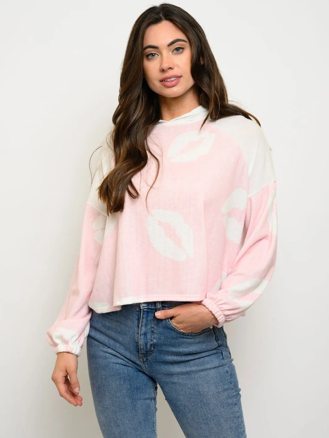 WOMEN'S LONG SLEEVE HOODIE LIPS PRINT TOP