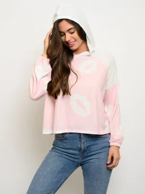 WOMEN'S LONG SLEEVE HOODIE LIPS PRINT TOP