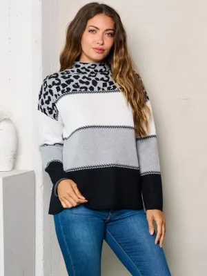 WOMEN'S LONG SLEEVE MOCK NECK COLORBLOCK ANIMAL PRINT TOP