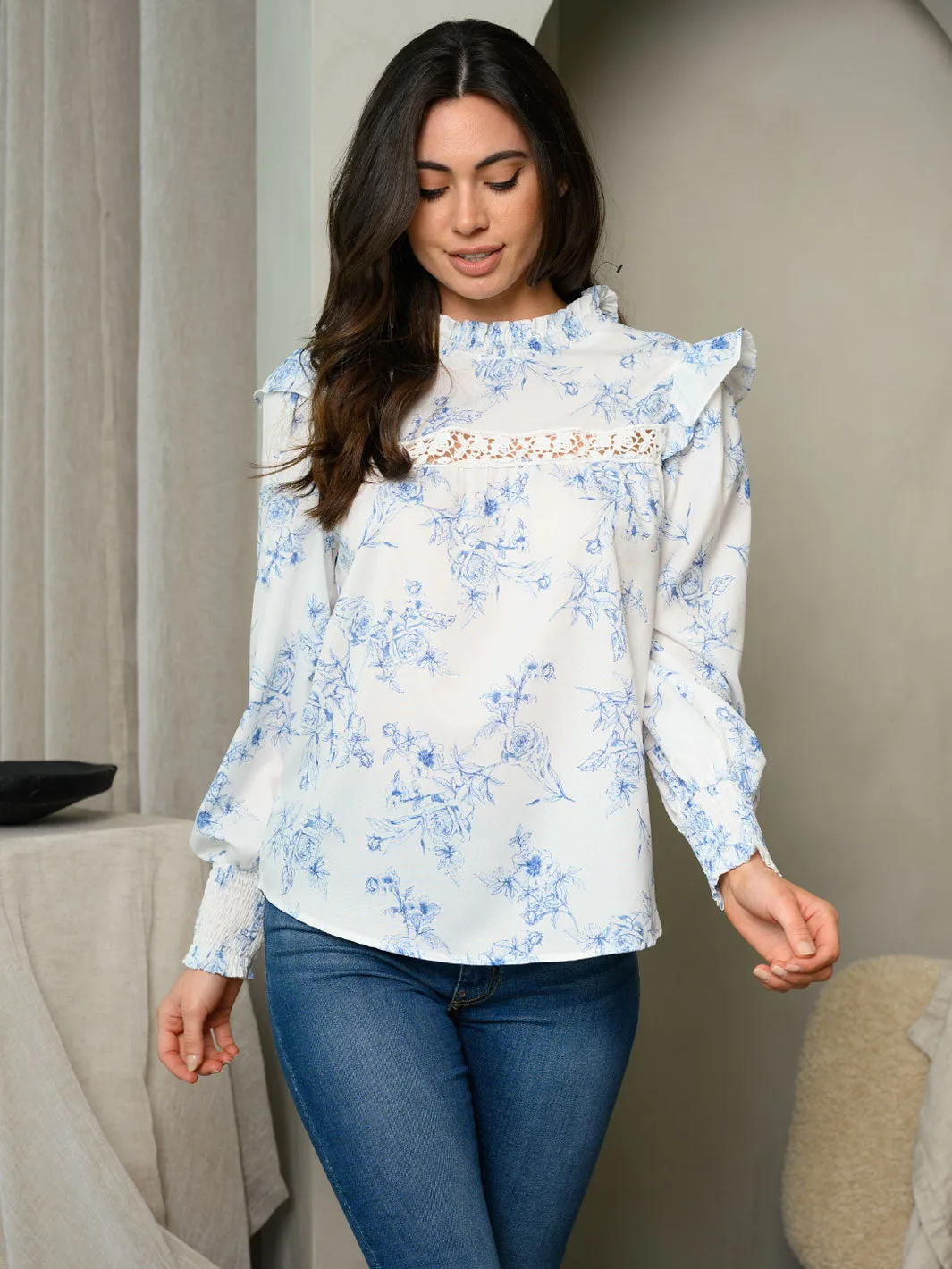 WOMEN'S LONG SLEEVE RUFFLE FLORAL TOP