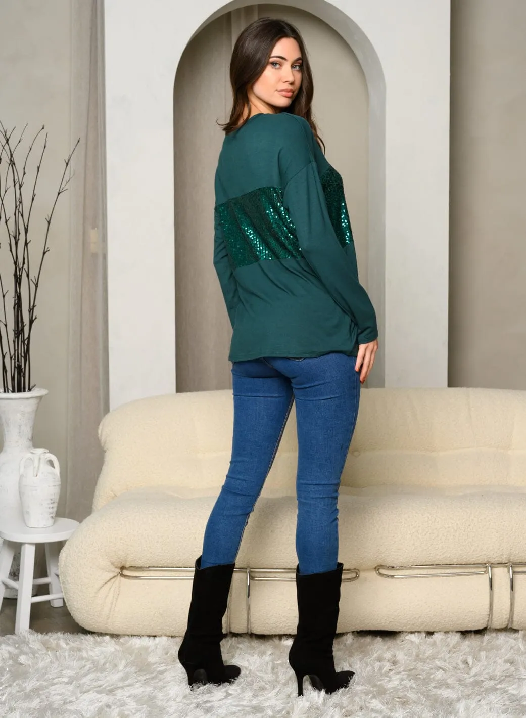 WOMEN'S LONG SLEEVE SEQUINS TUNIC TOP