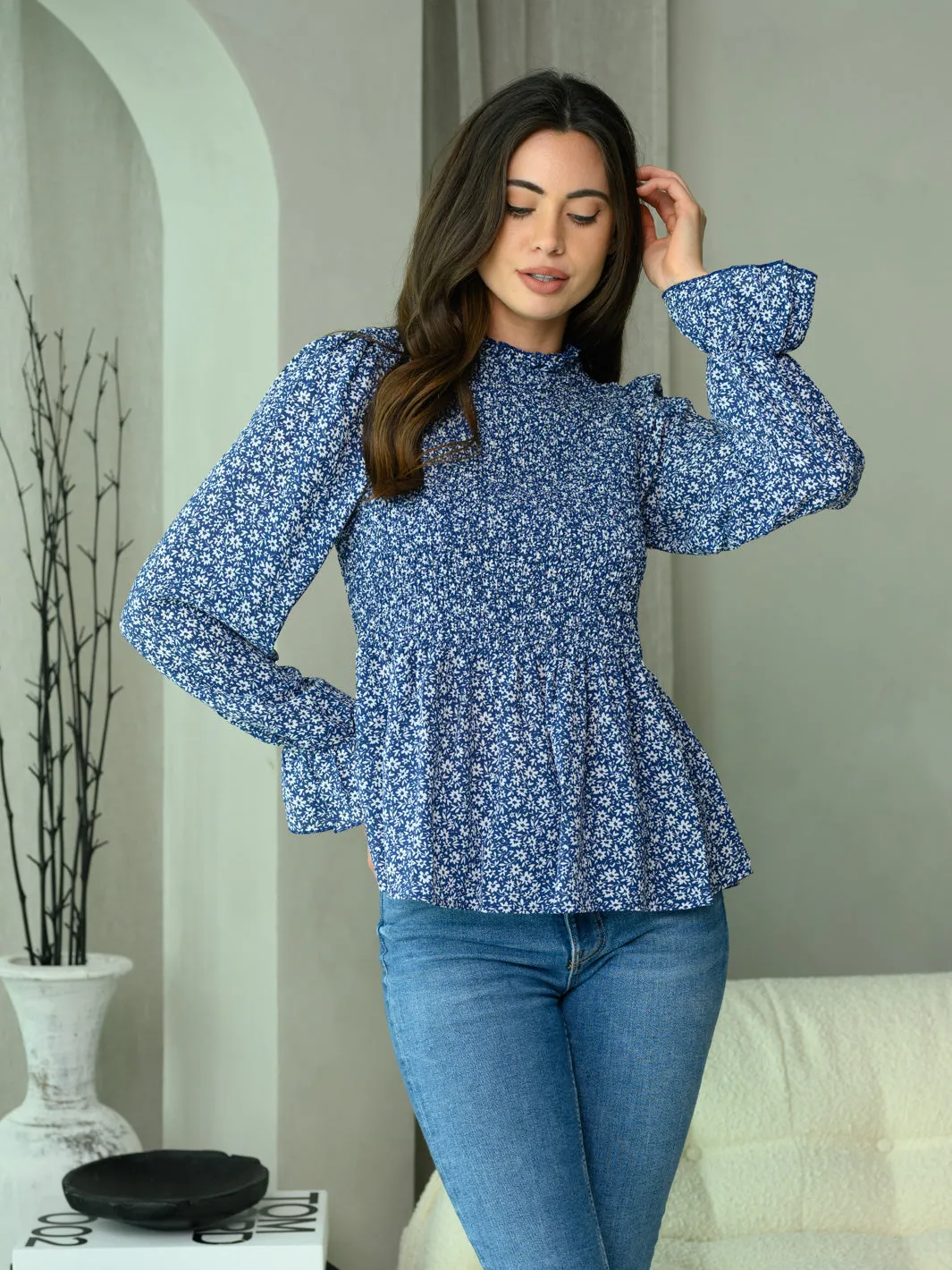 WOMEN'S LONG SLEEVE SMOCK FLORAL TOP