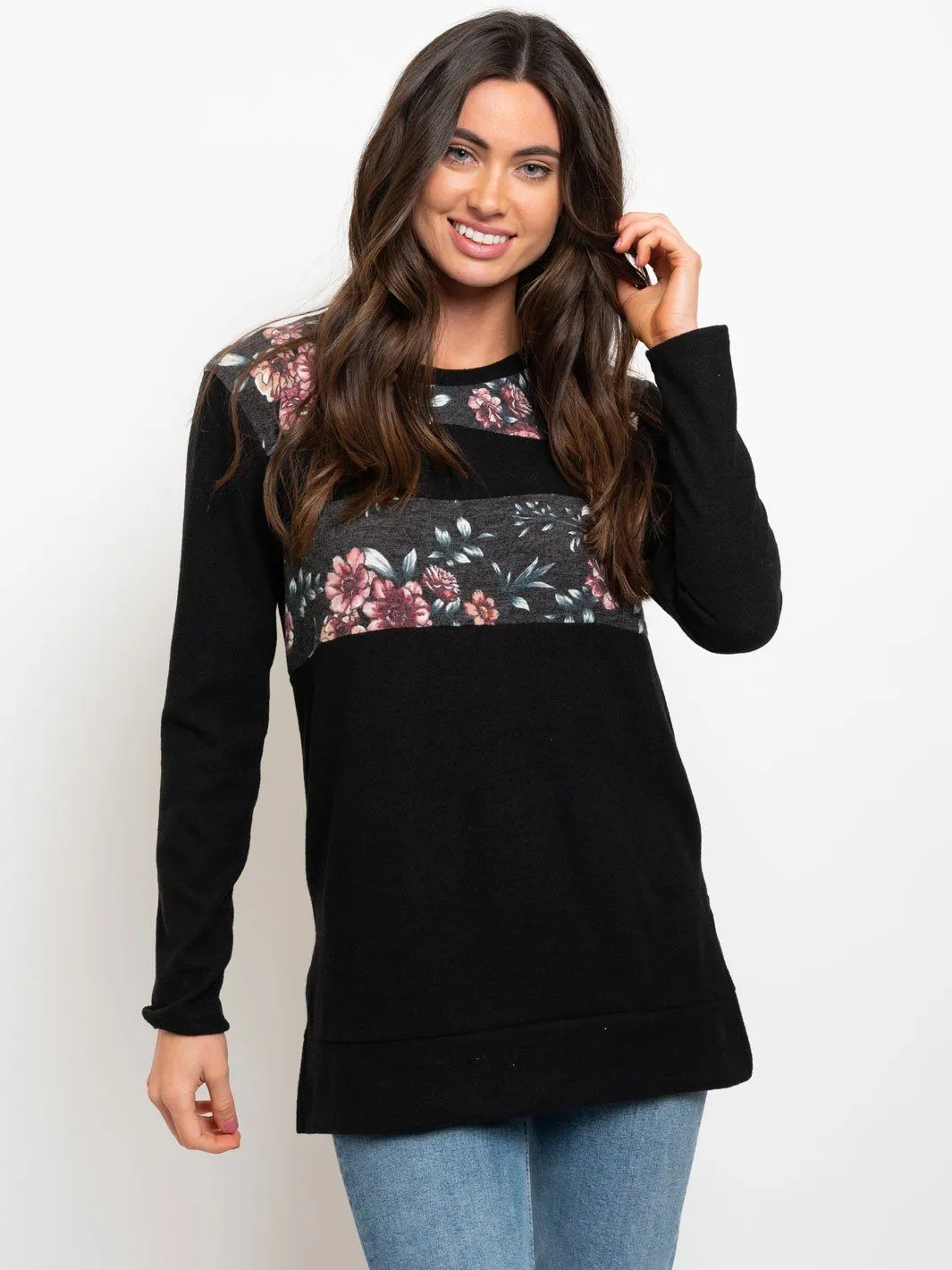 WOMEN'S LONG SLEEVE SOLID AND FLORAL MIX TOP