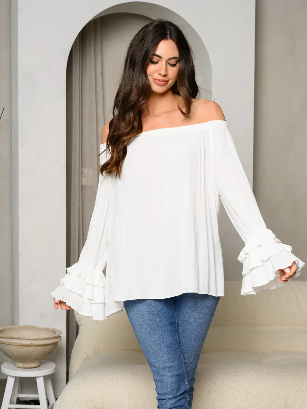 WOMEN'S OFF SHOULDER LONG RUFFLE SLEEVE TOP
