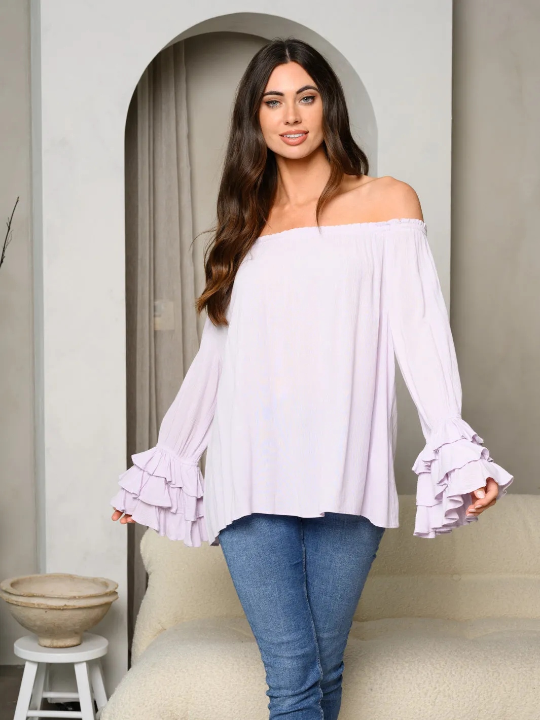 WOMEN'S OFF SHOULDER LONG RUFFLE SLEEVE TOP