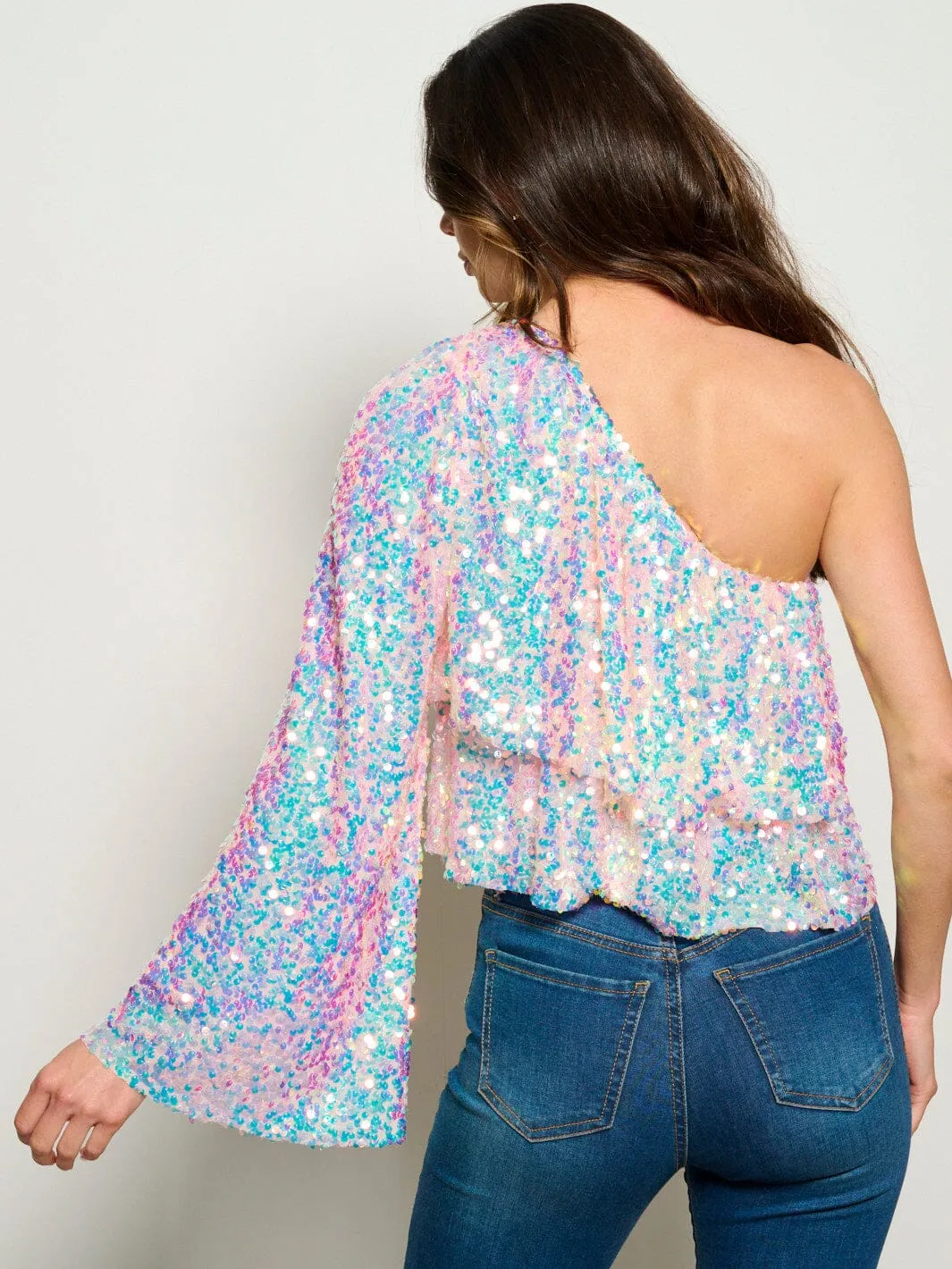 WOMEN'S ONE SHOULDER LONG SLEEVE TIERED SEQUINS BLOUSE