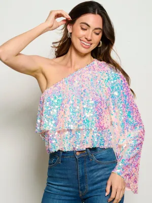 WOMEN'S ONE SHOULDER LONG SLEEVE TIERED SEQUINS BLOUSE