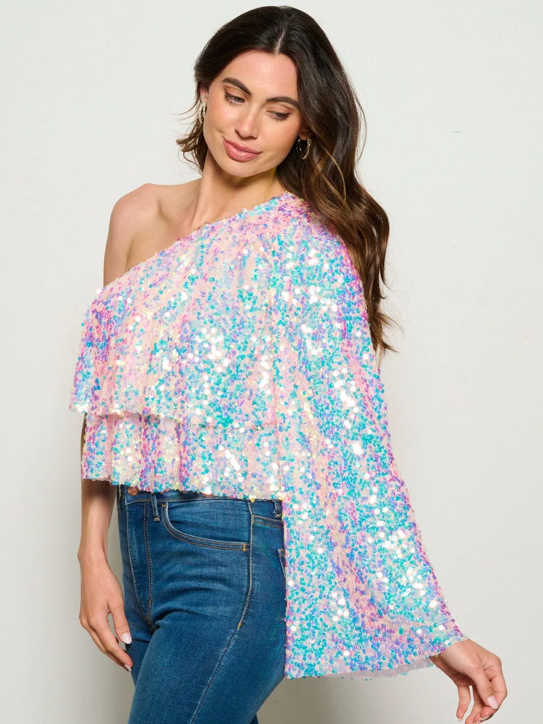 WOMEN'S ONE SHOULDER LONG SLEEVE TIERED SEQUINS BLOUSE