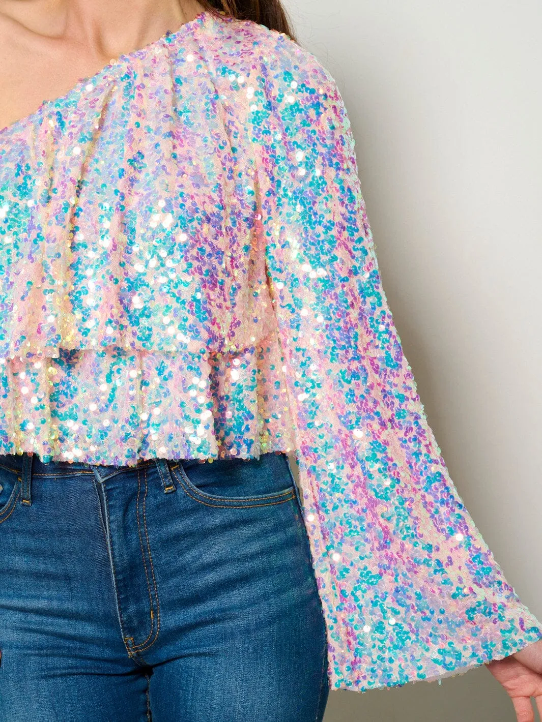 WOMEN'S ONE SHOULDER LONG SLEEVE TIERED SEQUINS BLOUSE