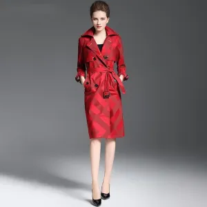 Women's Quality Trench Overcoat Spring Autumn Long  Plaid Pattern Belt Button Waist Slim Coat Female Polyester Red Lapel Trench