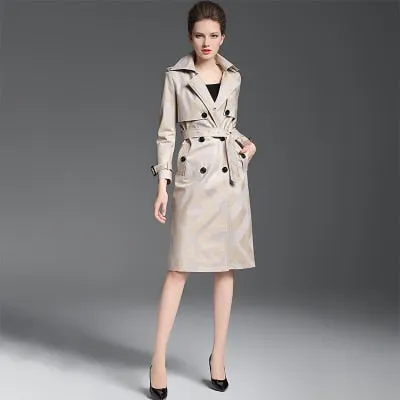 Women's Quality Trench Overcoat Spring Autumn Long  Plaid Pattern Belt Button Waist Slim Coat Female Polyester Red Lapel Trench