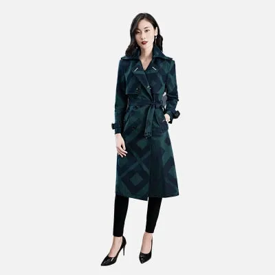Women's Quality Trench Overcoat Spring Autumn Long  Plaid Pattern Belt Button Waist Slim Coat Female Polyester Red Lapel Trench