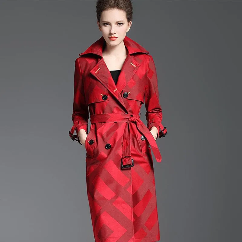 Women's Quality Trench Overcoat Spring Autumn Long  Plaid Pattern Belt Button Waist Slim Coat Female Polyester Red Lapel Trench