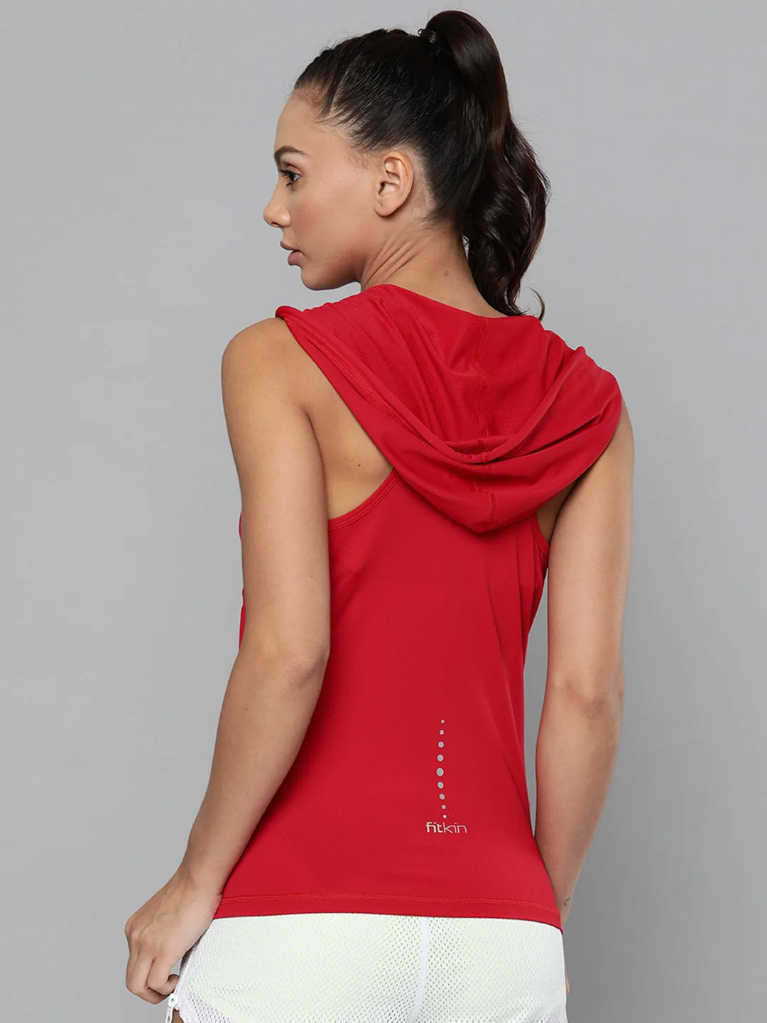 Women's Red Loose Training or Gym Hooded T-shirt