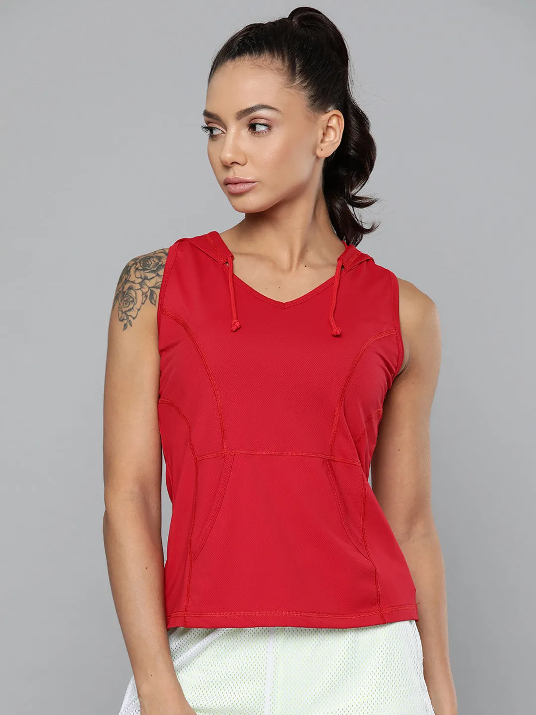 Women's Red Loose Training or Gym Hooded T-shirt