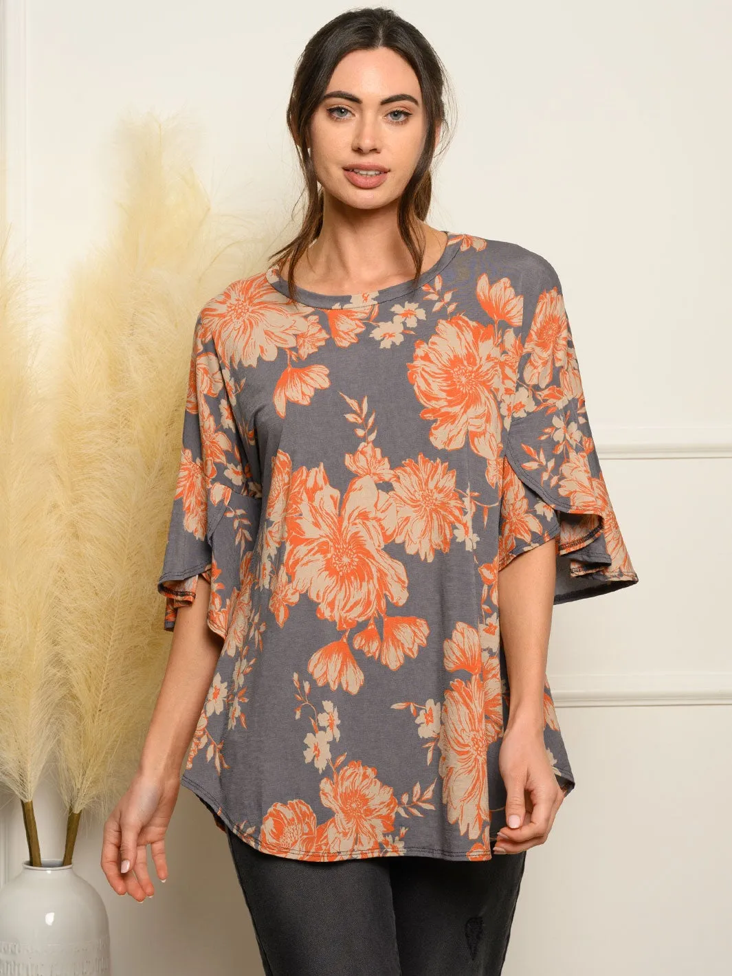 WOMEN'S SHORT RUFFLE SLEEVE FLORAL TOP