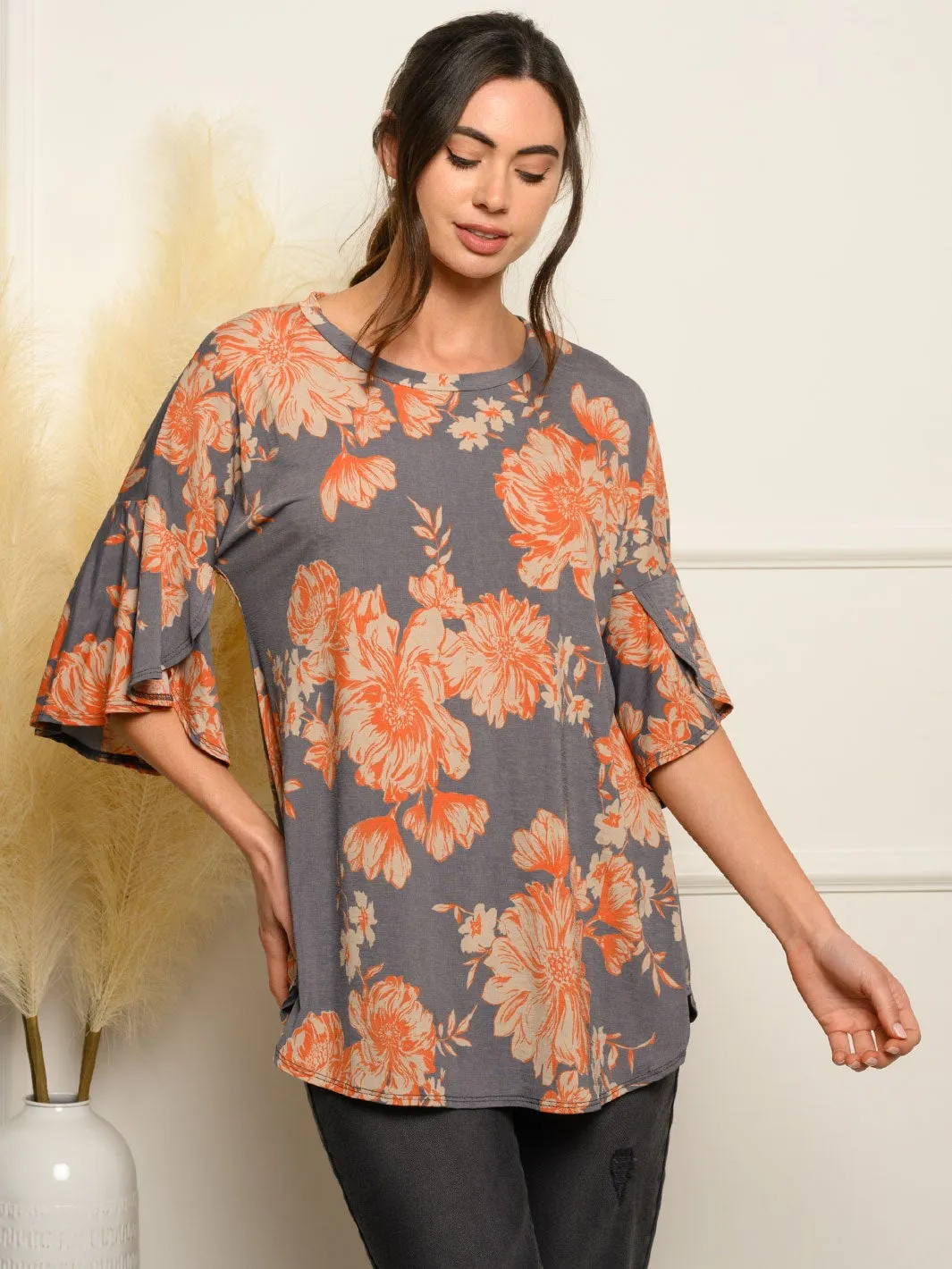 WOMEN'S SHORT RUFFLE SLEEVE FLORAL TOP