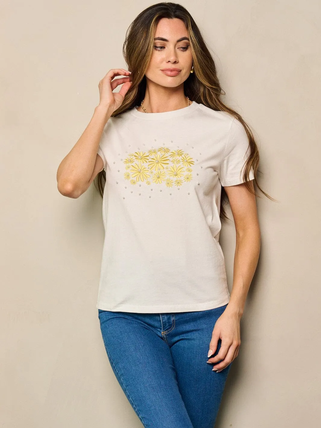 WOMEN'S SHORT SLEEVE FLORAL PEARL DETAILED TOP