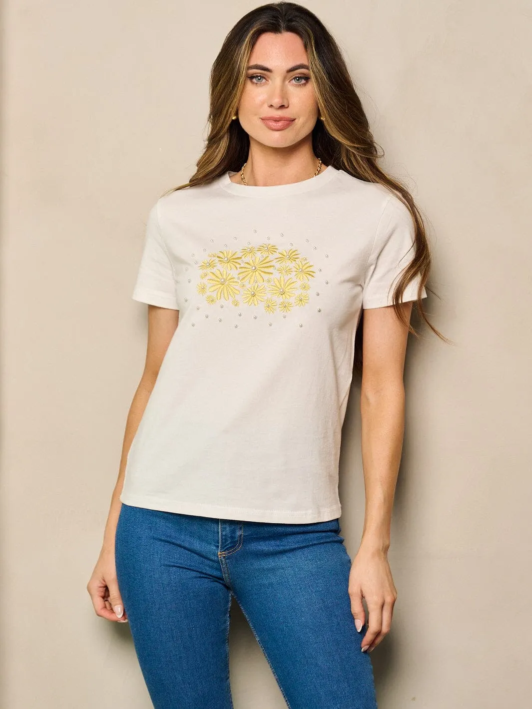 WOMEN'S SHORT SLEEVE FLORAL PEARL DETAILED TOP