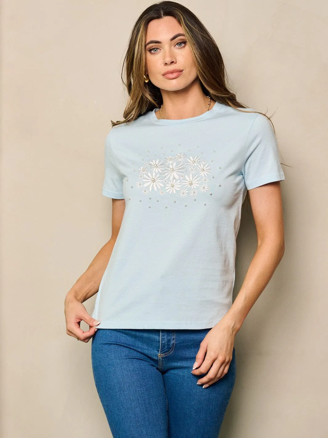 WOMEN'S SHORT SLEEVE FLORAL PEARL DETAILED TOP