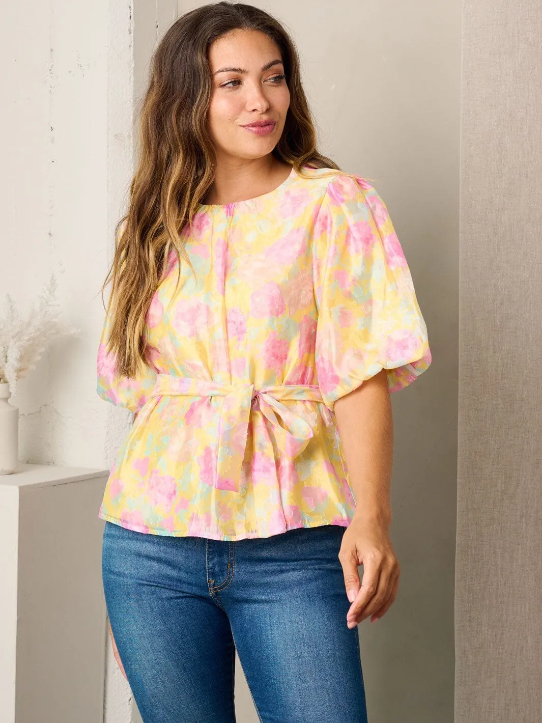 WOMEN'S SHORT SLEEVE FLORAL SELF TIE BLOUSE TOP