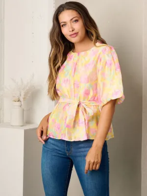 WOMEN'S SHORT SLEEVE FLORAL SELF TIE BLOUSE TOP