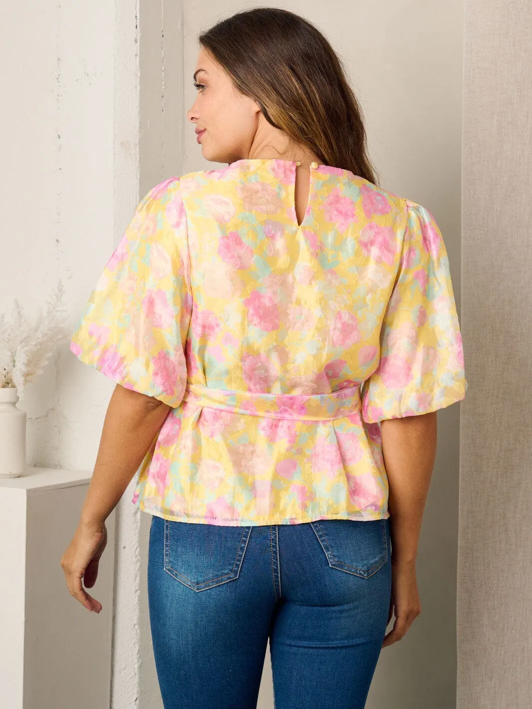 WOMEN'S SHORT SLEEVE FLORAL SELF TIE BLOUSE TOP