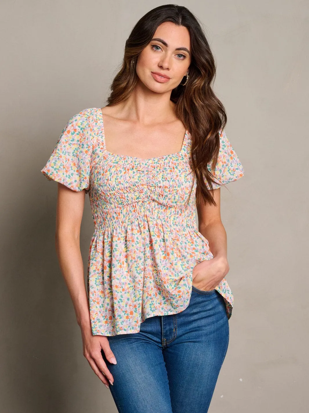 WOMEN'S SHORT SLEEVE SQUARE NECK SMOCK FLORAL TOP