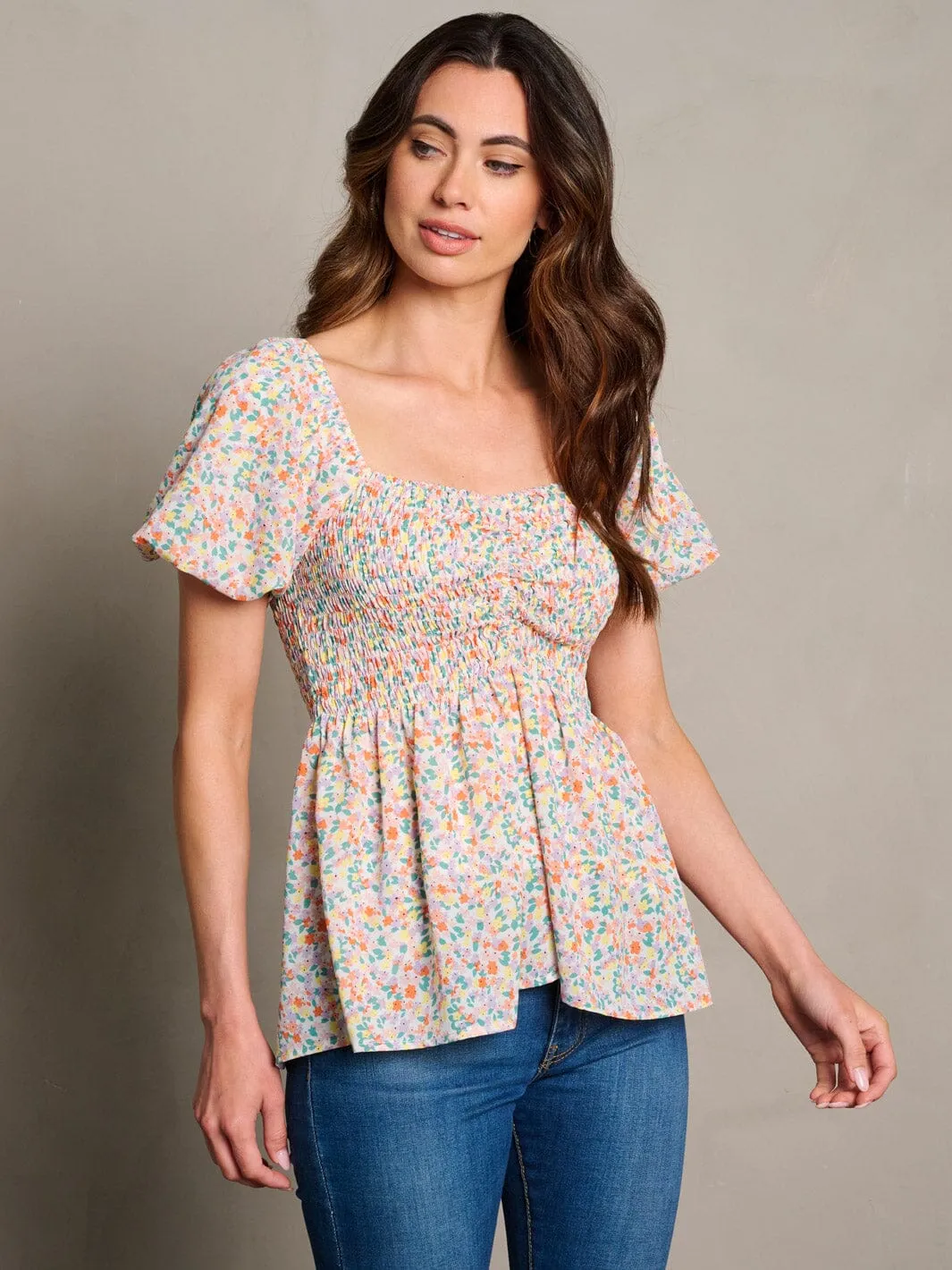 WOMEN'S SHORT SLEEVE SQUARE NECK SMOCK FLORAL TOP