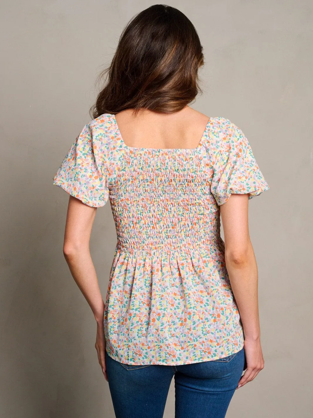 WOMEN'S SHORT SLEEVE SQUARE NECK SMOCK FLORAL TOP