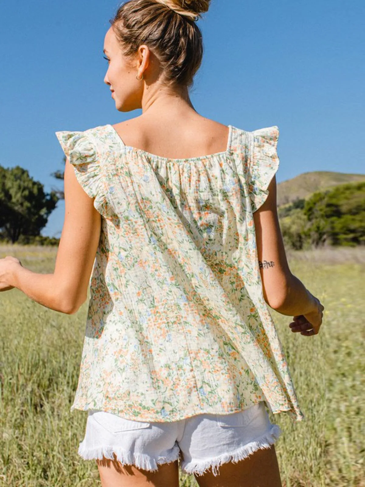 WOMEN'S SLEEVELESS FLORAL SQUARE NECK TANK TOP