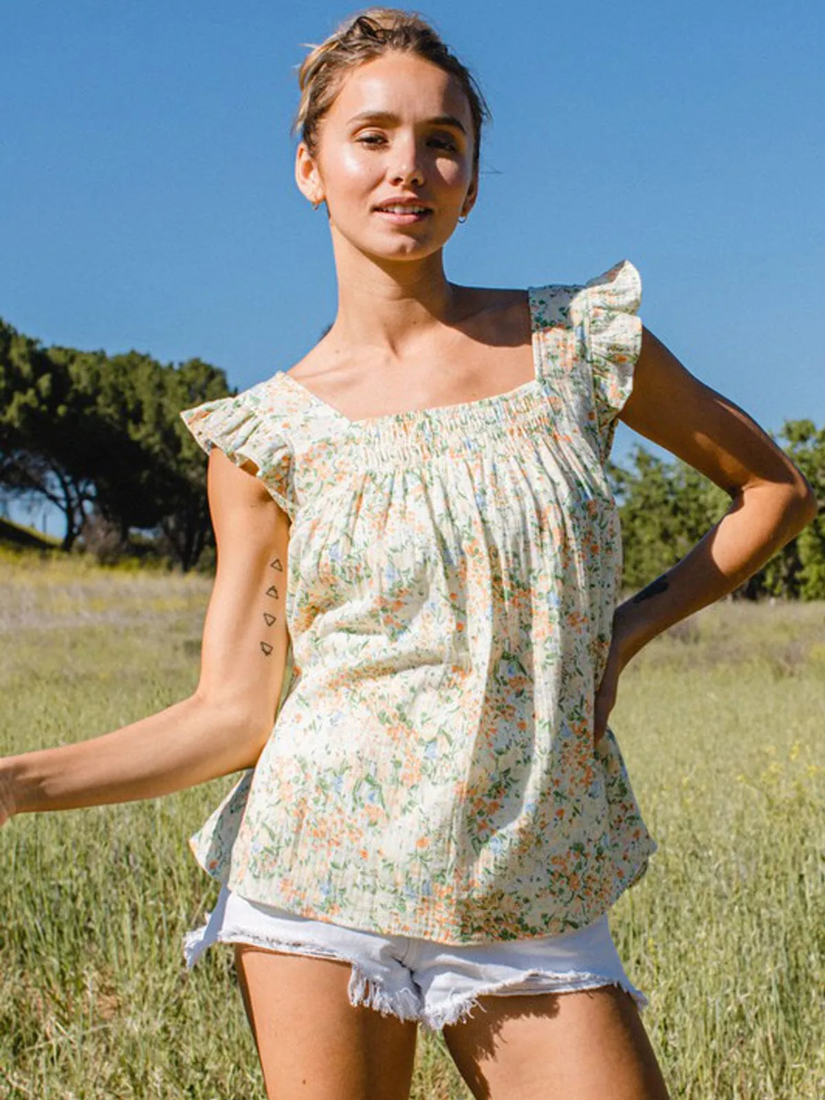 WOMEN'S SLEEVELESS FLORAL SQUARE NECK TANK TOP