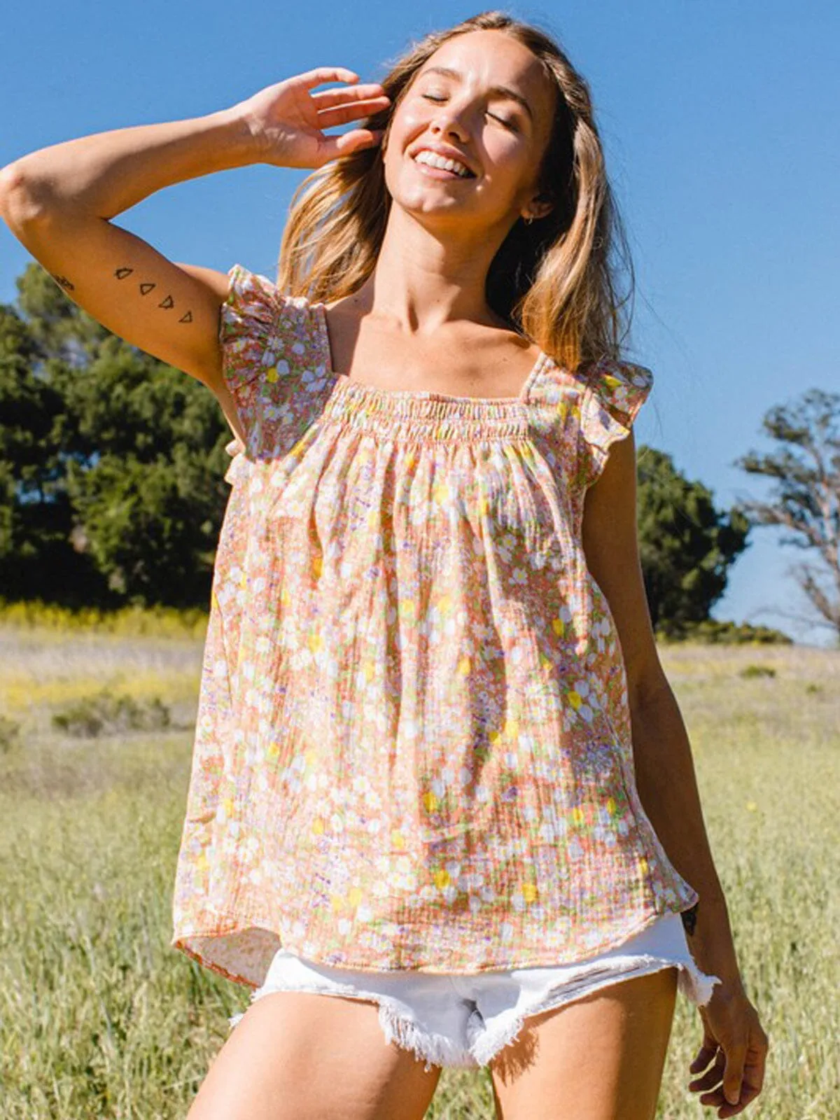 WOMEN'S SLEEVELESS FLORAL SQUARE NECK TANK TOP