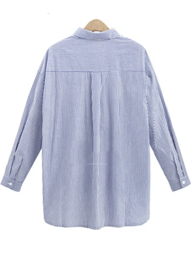 Women's Striped Embroidered Lapel Long Sleeve Shirt