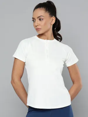 Women's White Slim Fit Self Design Training or Gym T-shirt